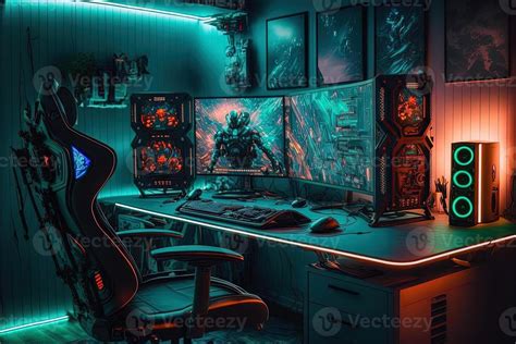 Spectacular gaming room interior, gaming pc, gaming desk, game setup ...